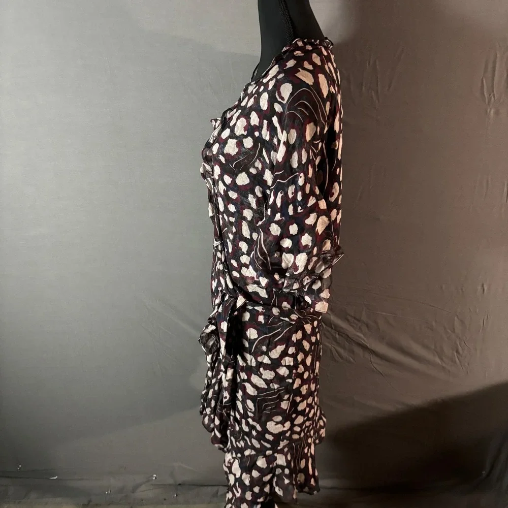 IRO Animal Print Silk Wrap Midi Dress Ruffle Sleeve‎ Tie Waist 36